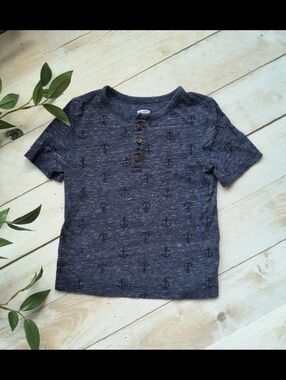 Old Navy Boys Nautical Short Sleeve Button Up Shirt With Anchor Pattern Blue 3T